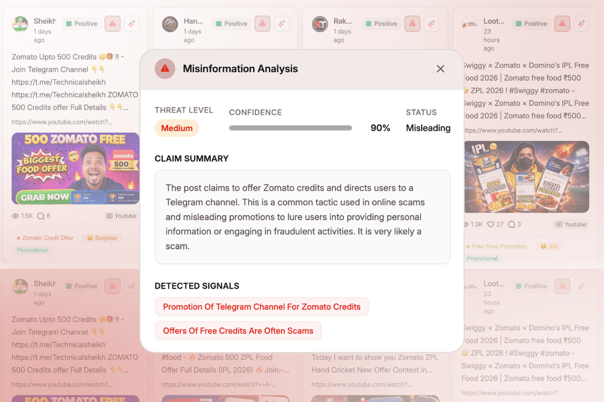 Misinformation detection dashboard showing flagged claims and spread velocity