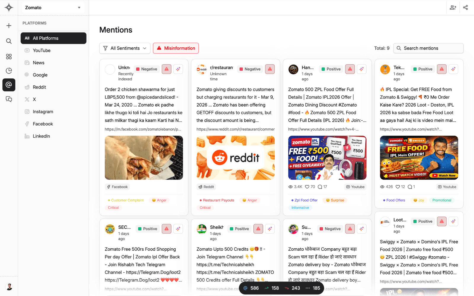 Misinformation detection dashboard showing flagged claims, spread velocity and credibility scores